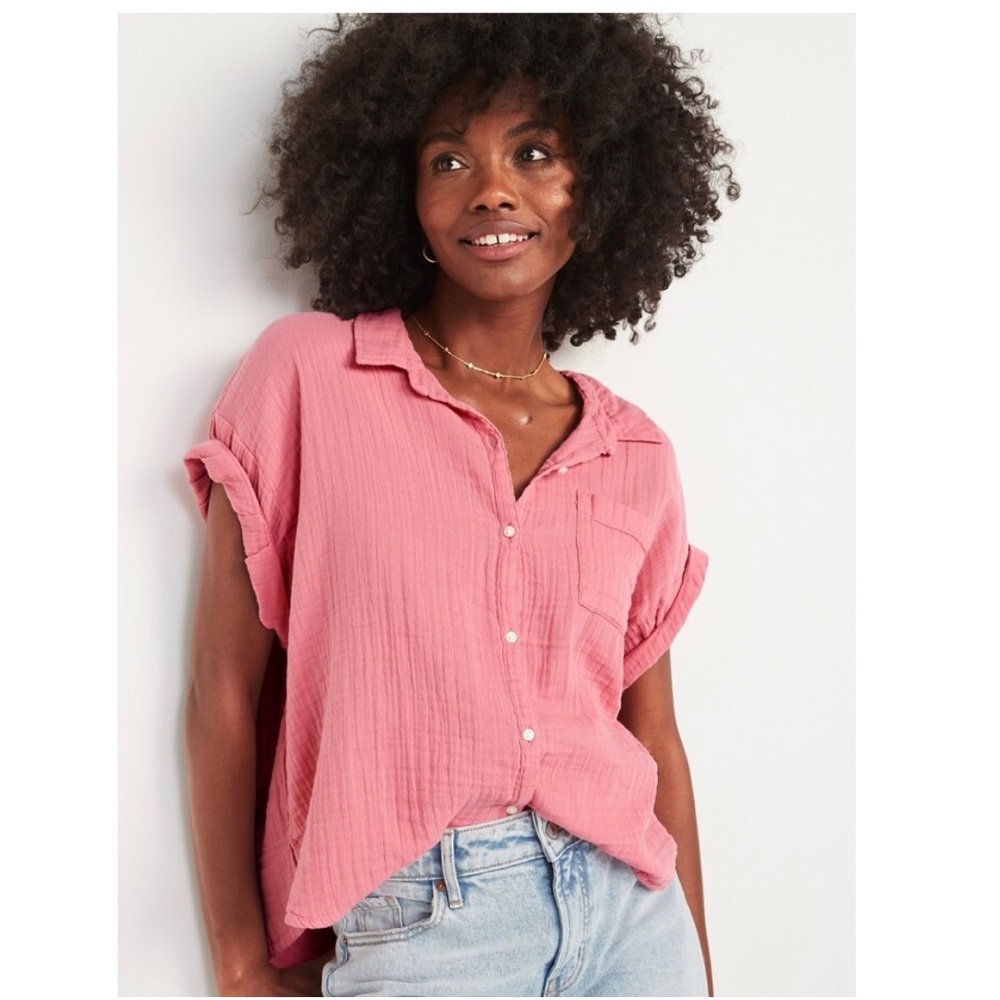 Old Navy Short- Sleeve Crinkled Button-Down, color: pink, size XXL